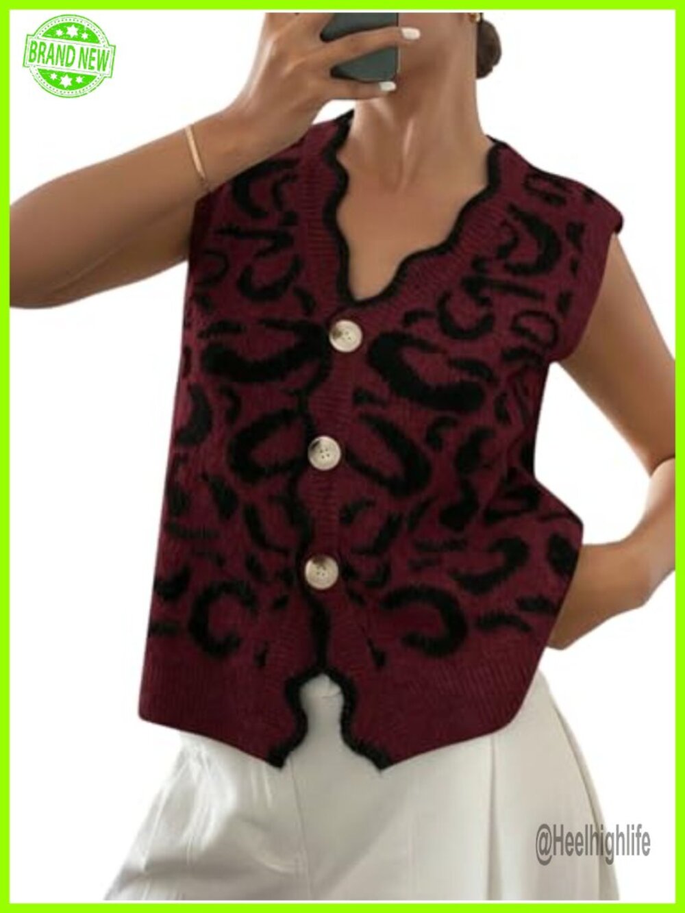 Leopard Print Button Down Sweater Vest V Neck Scallop Trim Rib Knit Top